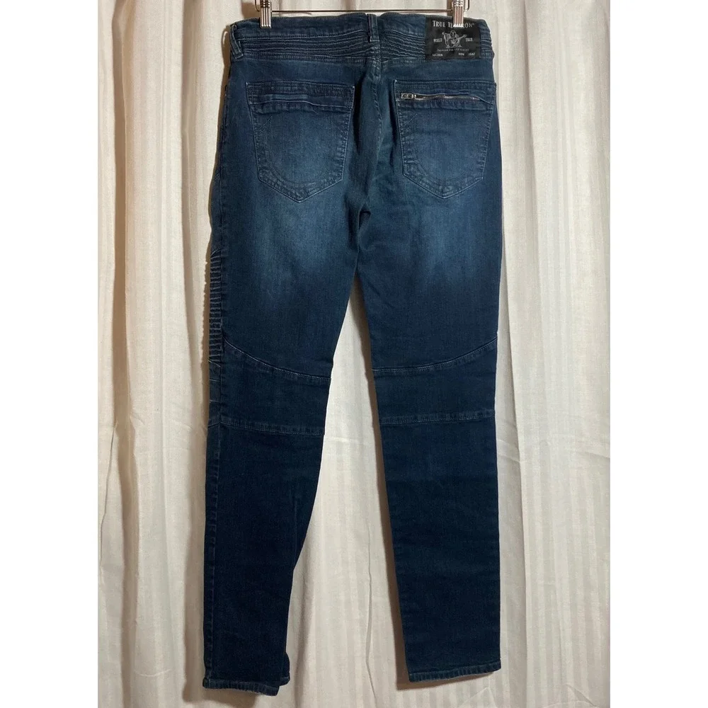 True Religion Rocco Relaxed Skinny Moto Jeans Dark Wash Blue Ribbed Men 33 Biker